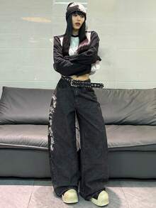 1件韓系街頭風女款刺繡寬腿牛仔長褲，寬鬆四季皆宜休閒黑色（本商品不含腰帶/配件） - 黑色 - 查看 9