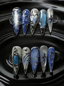 十片装蓝色猫眼手工美甲贴片，奢华复古手工假指甲，杏仁形按压式假指甲，适合春、夏、秋季佩戴，欧美辣妹风格，哥特朋克假指甲，女士高贵礼物，可重复使用，适合女孩和女士参加派对或日常佩戴。 - 彩色 - 查看 2