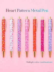 3支/7支装心形金属圆珠笔，按压式设计，优雅女士圆珠笔，简约印花圆珠笔，适合日记和送礼，精美钢笔礼品，办公及学习日记笔，婚礼、情人节、感恩节、毕业礼物 - 愛心筆 - 查看 1