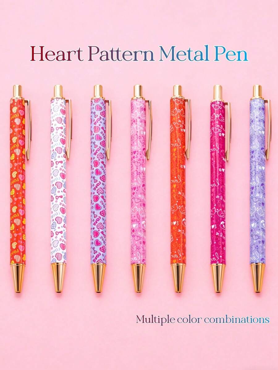 3支/7支装心形金属圆珠笔，按压式设计，优雅女士圆珠笔，简约印花圆珠笔，适合日记和送礼，精美钢笔礼品，办公及学习日记笔，婚礼、情人节、感恩节、毕业礼物 - 愛心筆 - 查看 1