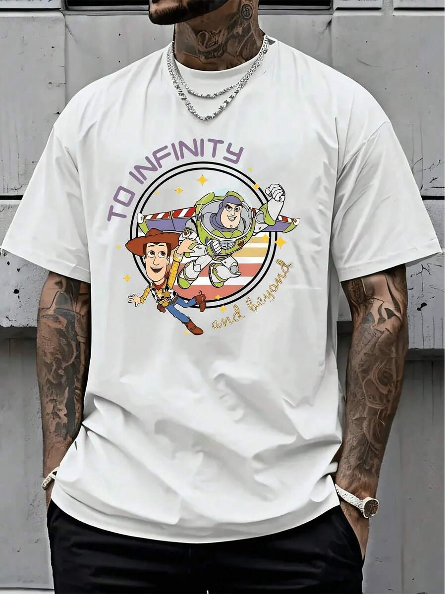 Disney License T Shirts, Disney Toy Story Men's White T-Shirt With Woody And Buzz Lightyear Graphic Print, "To Infinity And Beyond" Quote, Streetwear Style Loose Fit Tee, Casual Short Sleeve Top For Men, Couple Matching Outfit Idea,Men Clothes,Summer Clothes,White Shirt,Father's Day Clothing,Vintage T Shirts,Graphic T Shirts,100 Percent Cotton,Graphic Tee,Graphic Tees,Funny Graphic Tees,Graphic T, Gifts For Family And Friends - 白色 - 查看 1