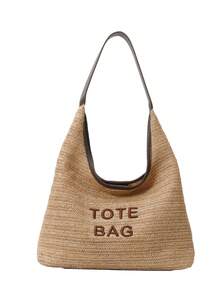 1个女士草编单肩包，时尚刺绣字母新月图案，适合通勤、购物和度假 - 彩色 - 查看 7