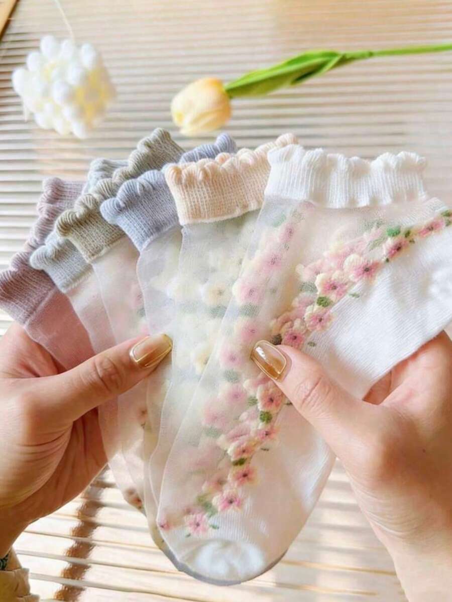 5双随机碎花透气吸湿薄款短袜，春夏款 - 彩色 - 查看 1