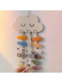 1pc Cute Cloud Shaped Natural Wooden Rope Home Decor Hair Accessory Organizer Rack, Minimalist Style Hanging Hook Hair Clip Storage - Multicolor - View 2