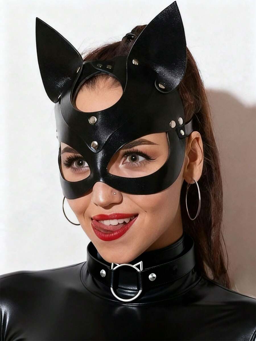 1/2件装女士皮革狐狸半面具和猫形颈环，角色扮演节日装饰道具内衣配饰 - 黑色 - 查看 1