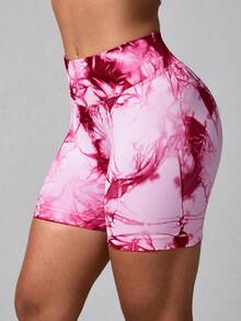 NcmRyu 1件装 女士高腰无缝扎染弹力修身运动短裤 - 紅色 - 查看 12