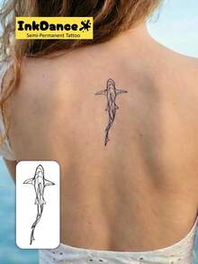 1 Set "Geometric Shark Line Art" Temporary Tattoo, Semi-Permanent Tattoo, Ocean Style, Durable, Waterproof, Plant-Based Material, X250 - Black - View 2