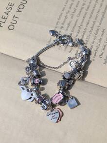 1条心形吊坠手链，猫咪心形大孔珠DIY手链，字母标语翅膀心形吊坠串珠手链，时尚心形手链，旅行纪念手链 - 金色 - 查看 5