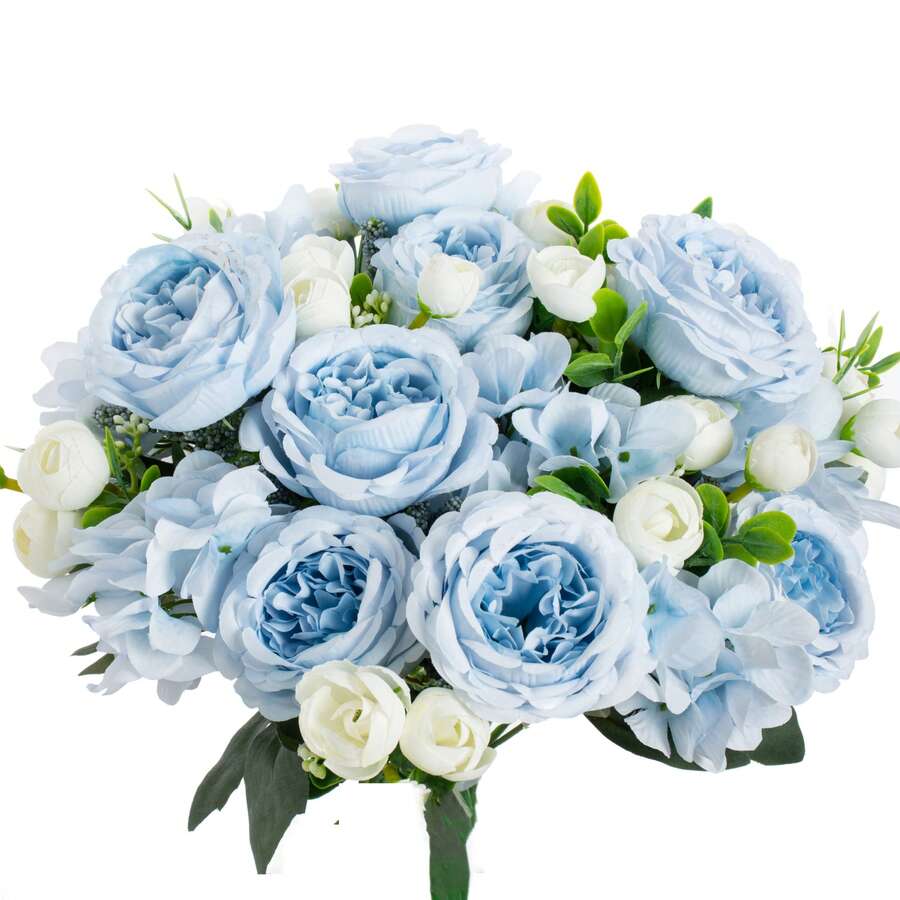 Bó hoa giả gồm 1 hoặc 3 bông hoa cẩm tú cầu và mẫu đơn màu xanh dương, làm bằng lụa, thích hợp để trang trí nhà cửa, làm bó hoa cưới, quà tặng ngày Valentine, sinh nhật, lễ tốt nghiệp và các dịp khác. - Màu xanh nhạt - Xem 1
