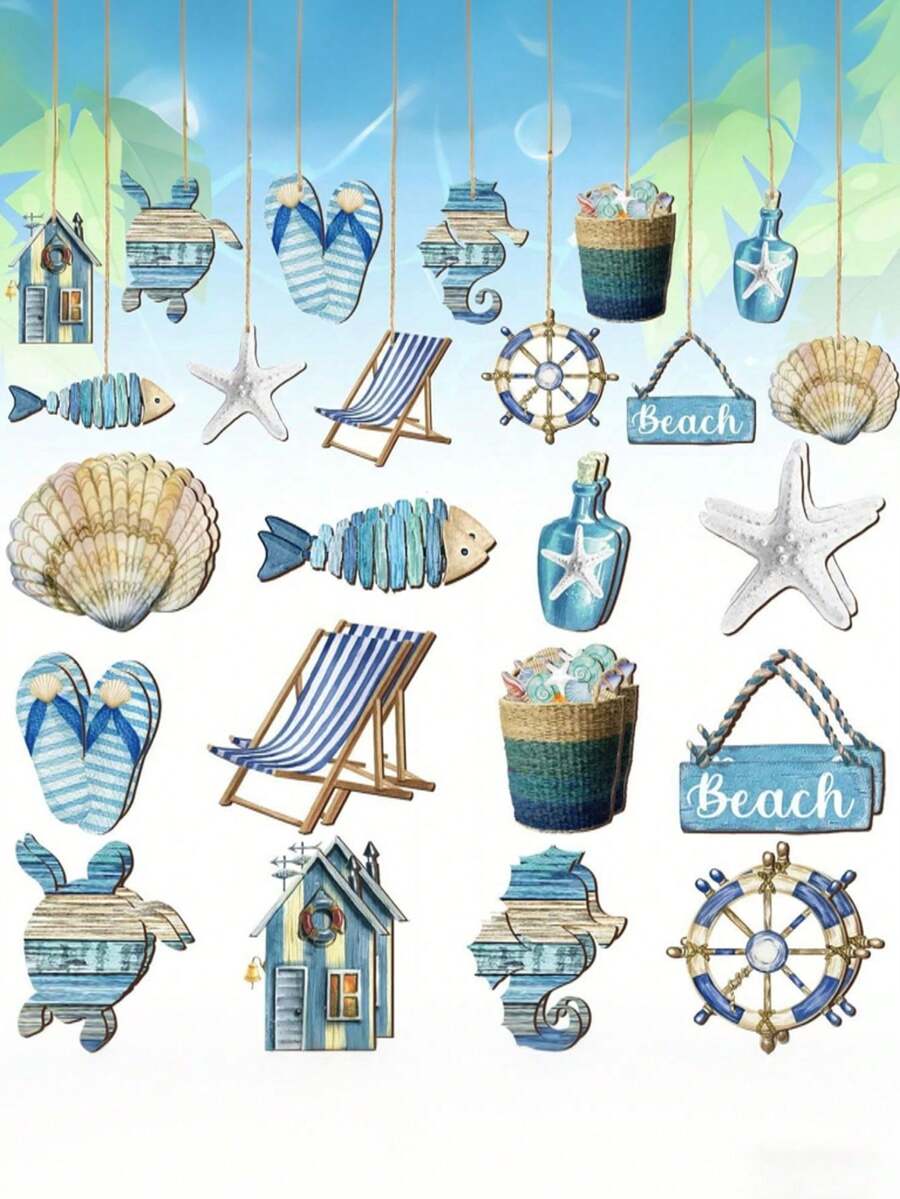 12pcs Wooden Marine-Themed Hanging Decorations, Summer Ocean Animal Decorations, Ocean Fish Ornament, Summer Decor, Home Decor, Nautical Theme Party - Multicolor - View 1