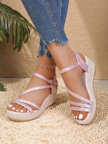 Giày sandal đế xuồng cho thanh thiếu niên, sandal cao gót hở mũi, sandal thời trang đa năng phù hợp cho kỳ nghỉ. - Hồng - Xem 2