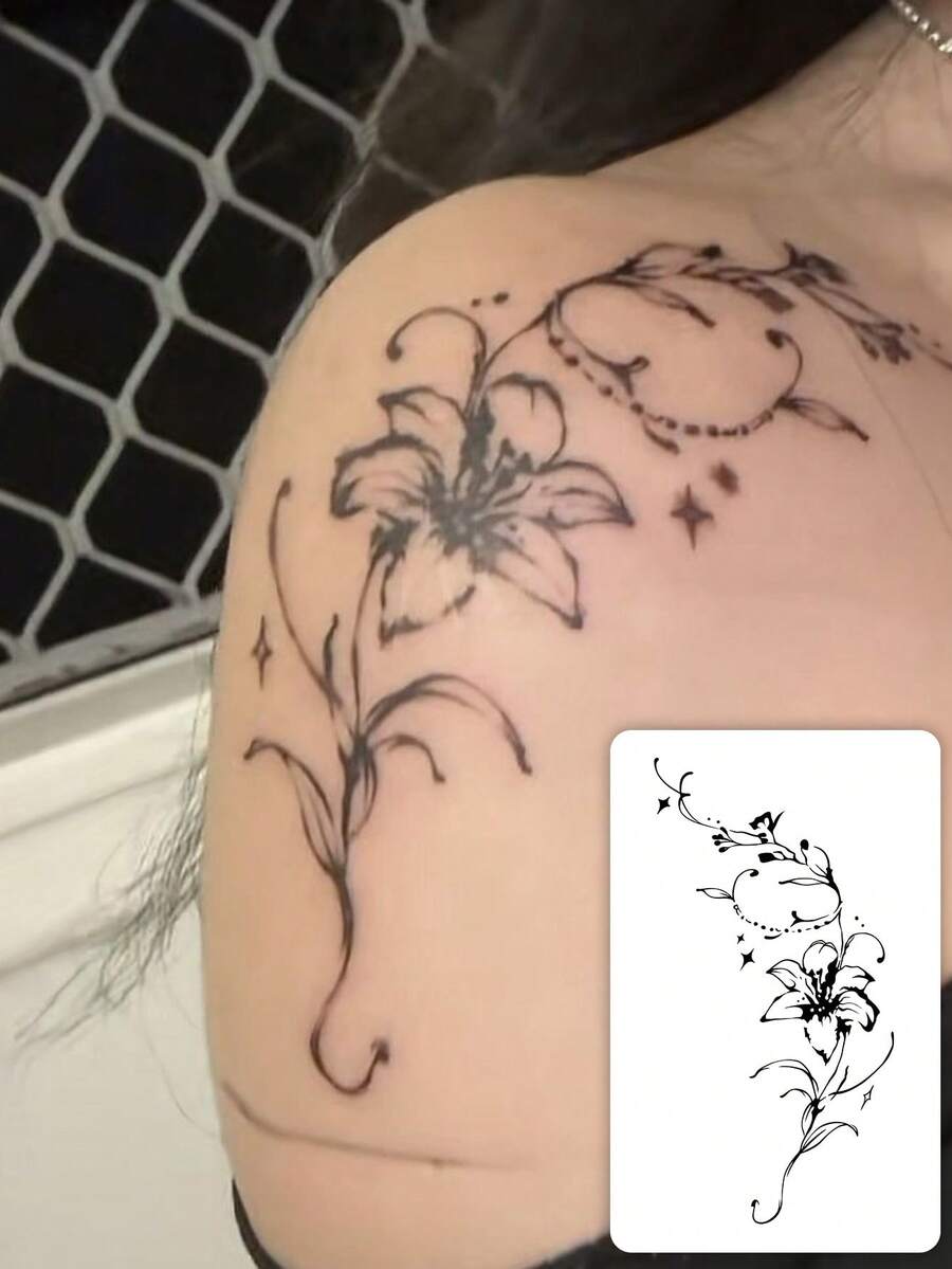 1pc 7-14 Days Lasting Herbal Temporary Tattoo Sticker, Minimalist Abstract Mysterious Pattern Waist/Shoulder Lily Flower Tattoo Sticker, Waterproof Fashionable Temporary Tattoo Sticker Suitable For People - Black - View 1