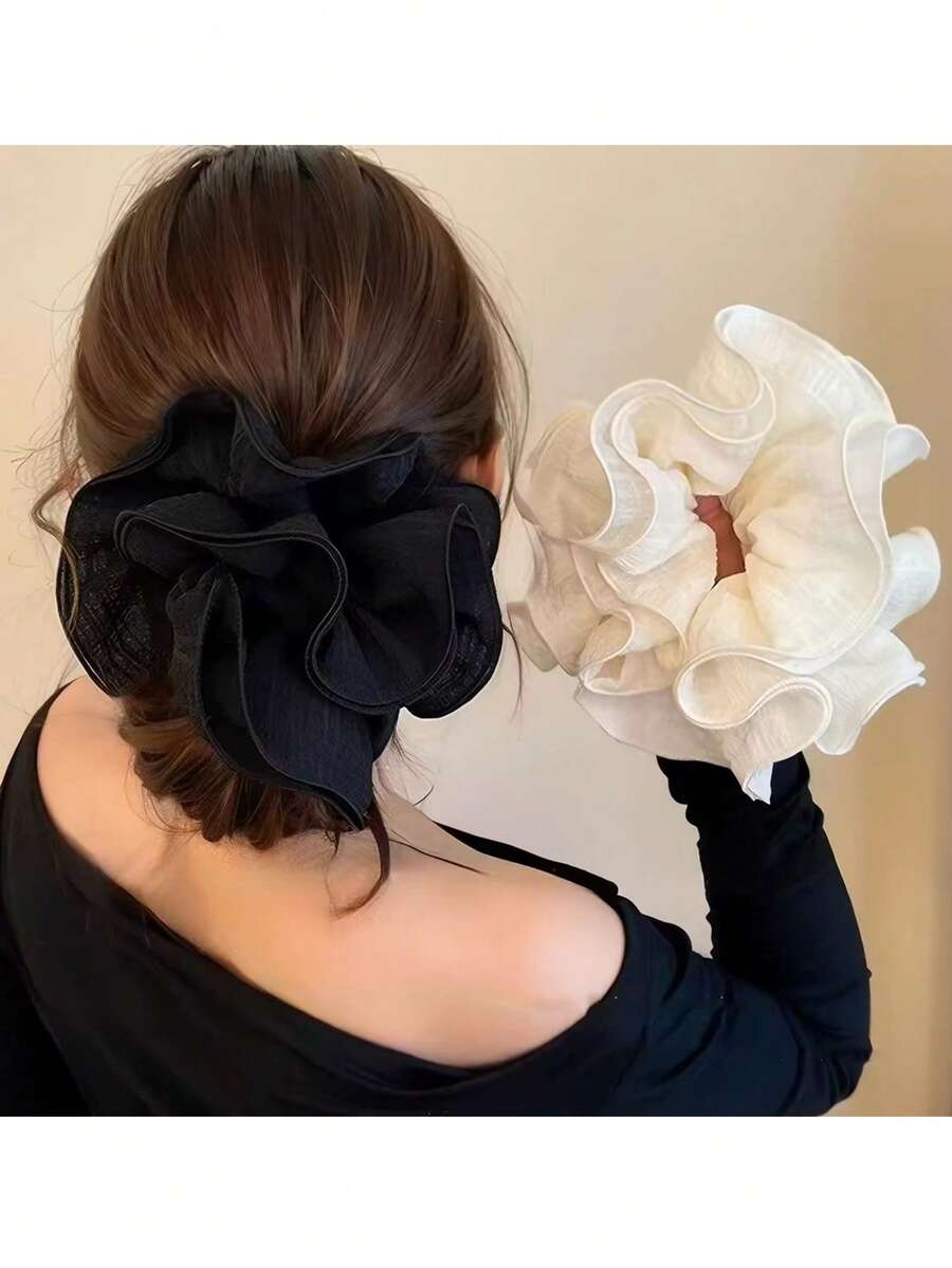 2pcs Korean Black & White Plaid 4-Layer Scrunchies, Oversized Slouchy Bun Hairstyle Accessories, Versatile Hair Ties Travel Accessories Ponytail Holders Hair Elastics Hair Rubber Bands Hair Rope Elastic Hair Tie,Festival,Party - Multicolor - View 1