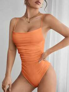 Women's Summer Bodysuit, Thin Straps With Ruched Side Details - Cà phê nâu - Xem 6