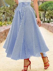 Women Twist Waist Striped Casual Loose A-Line Skirt Spring Elegant - Màu xanh lam - Xem 1