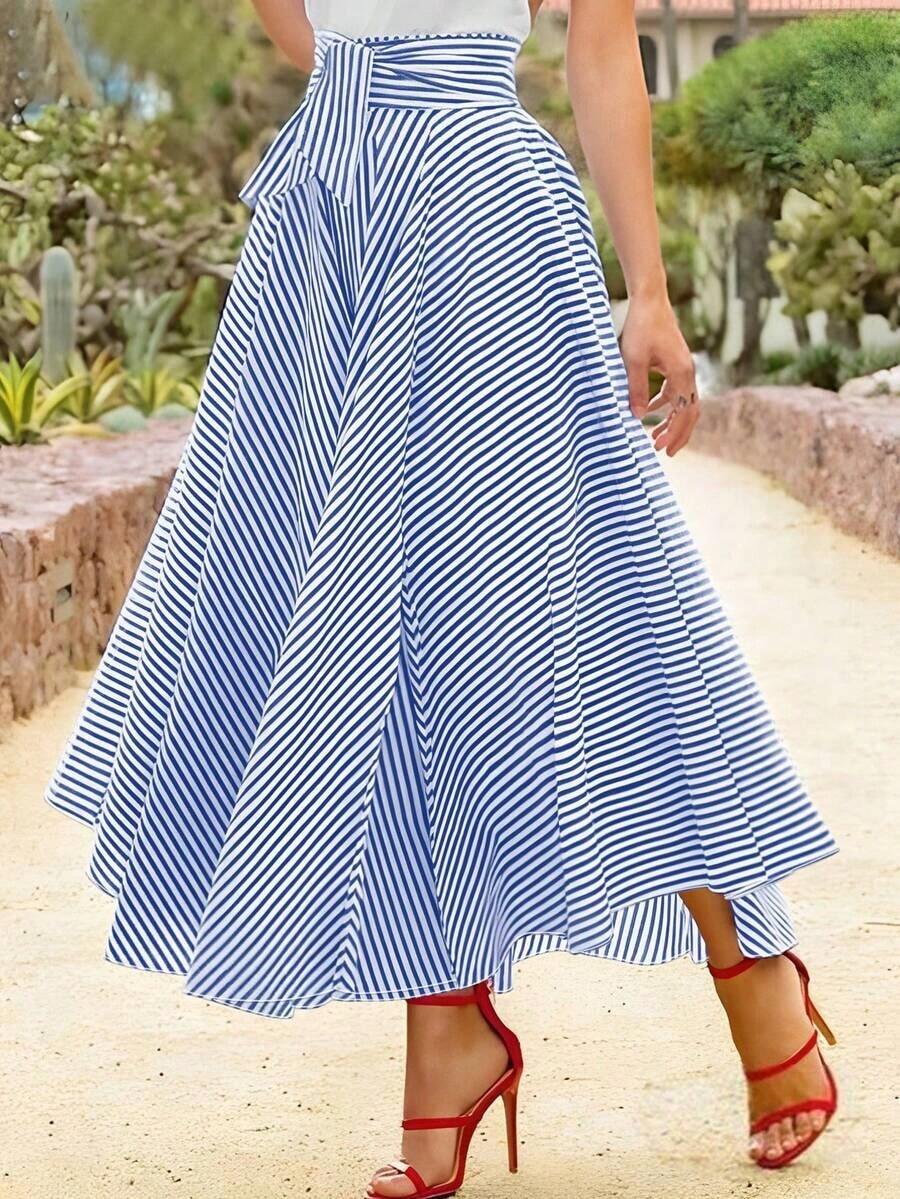 Women Twist Waist Striped Casual Loose A-Line Skirt Spring Elegant - Màu xanh lam - Xem 1