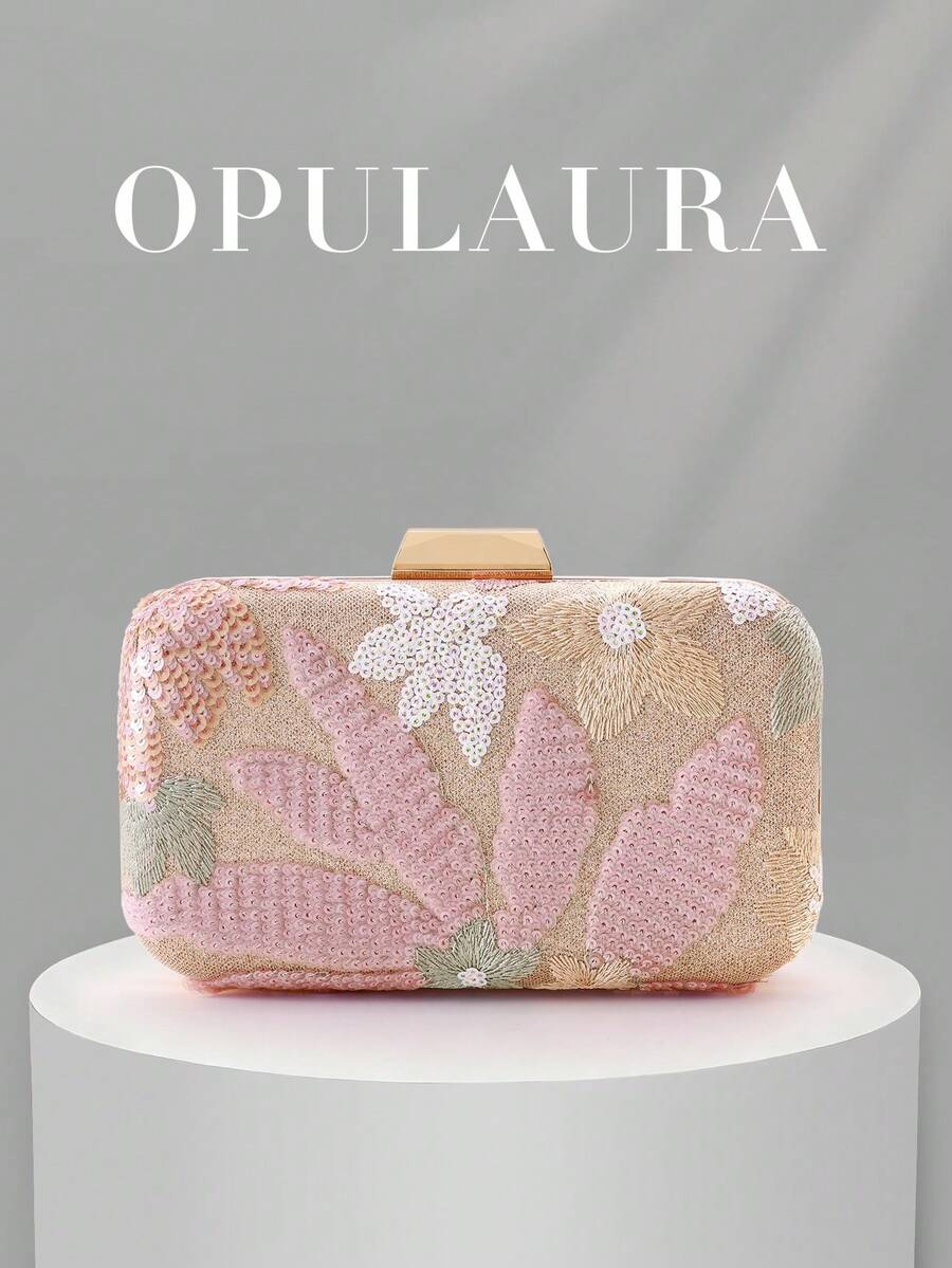 OpulAura亮片刺绣花卉盒形手拿包,女士时尚亮片拼接手提包,派对晚宴包,随机裁剪,适合女性,适合派对、婚礼、舞会、度假等场合。非常适合派对、婚礼、舞会、晚宴/宴会,可搭配节日派对礼服、晚礼服和亮片连衣裙。 - 粉色 - 查看 1