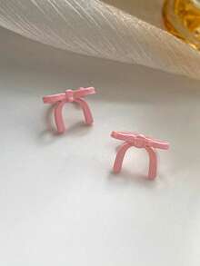 1对简约甜美时尚粉色蝴蝶结优雅可爱奢华日常佩戴及约会夹式耳环，女士款 - 淺粉色 - 查看 3