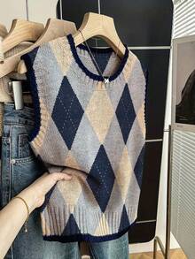 ADFHP Áo nữ mùa hè, Áo vest dệt kim họa tiết kim cương cổ điển, Áo tank top không tay cổ tròn viền tương phản, Áo camisole nhiều lớp kiểu sinh viên - Nhiều màu - Xem 4