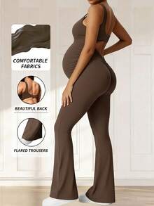 Parara Maternity Jumpsuit Pants & Camisole, High Elasticity Comfortable & Fashionable Maternity Romper - Brown - View 2