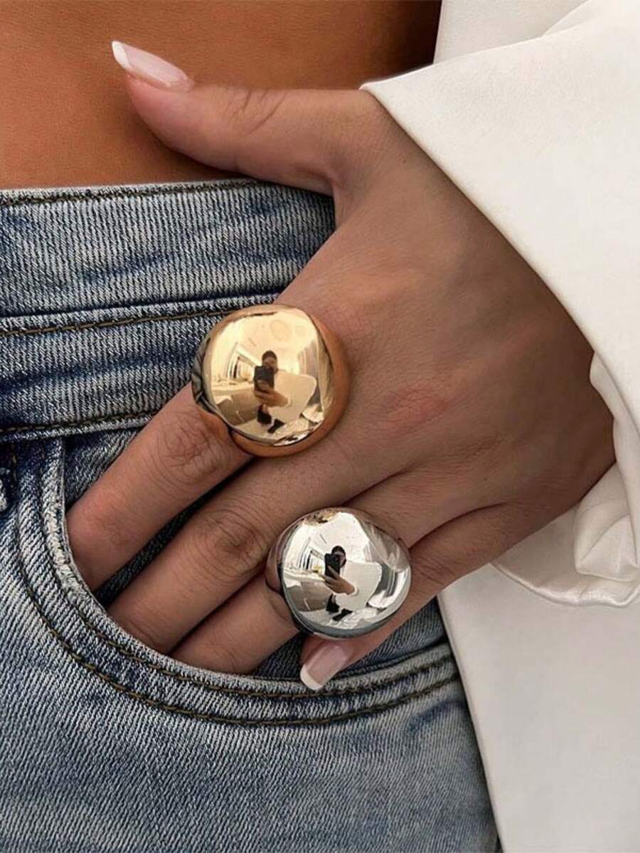 2pcs Fashionable & Elegant Vintage-Style Unique Design Oversized Half-Circle Smooth Metal Rings, Suitable For Daily Wear, Festivals And Parties - Multicolor - View 1