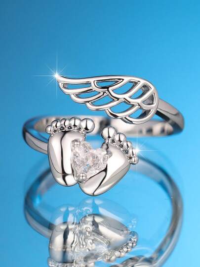 1 pieza Anillo para dedo del pie exquisito con diseño de pie y ala, enchapado en blanco con circonita cúbica blanca - Regalo de lujo para el Día de la Madre, adecuado para fiestas, uso diario y como regalo, para todas las estaciones