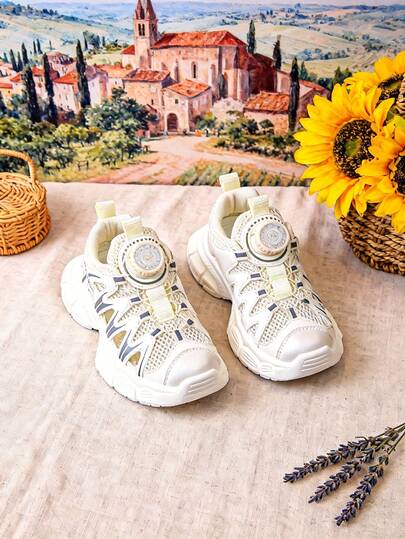 Fashion Children's Beige Rotating Buckle Sneakers, Retro Chunky Skate Shoe Design, Breathable Perforated Mesh Upper, Comfort Padded Insole, Flexible Non-Slip Outsole, Stylish Casual Footwear For Kids Daily Life, Outdoor Activities And Casual Outings