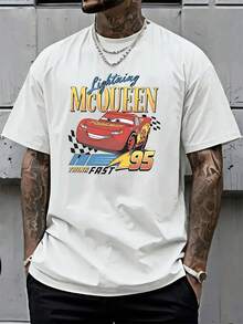 Disney License T Shirts, Men's Oversized Casual Crew Neck Disney Pixar1 Cars Lightning McQueen 95 Checkered Flag Cartoon Print Short Sleeve T-Shirt, Think Fast Retro Racing Graphic Tee For Summer Streetwear,Men Clothes,Summer Clothes,White Shirt,Father's Day Clothing,Vintage T Shirts,Graphic T Shirts,100 Percent Cotton,Graphic Tee,Graphic Tees,Funny Graphic Tees,Graphic T, Gifts For Family And Friends - 白色 - 查看 1