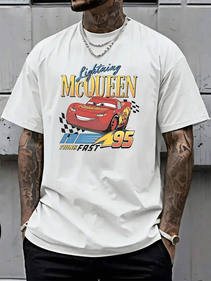 Disney License T Shirts, Men's Oversized Casual Crew Neck Disney Pixar1 Cars Lightning McQueen 95 Checkered Flag Cartoon Print Short Sleeve T-Shirt, Think Fast Retro Racing Graphic Tee For Summer Streetwear,Men Clothes,Summer Clothes,White Shirt,Father's Day Clothing,Vintage T Shirts,Graphic T Shirts,100 Percent Cotton,Graphic Tee,Graphic Tees,Funny Graphic Tees,Graphic T, Gifts For Family And Friends - 白色 - 查看 1
