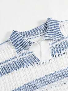 Men's Hollow Out Semi-Sheer Striped Knit Short Sleeve Polo Shirt, Comfortable Breathable Lightweight Knit Top For Casual Wear, Suitable For Vacation And Valentine's Day - 彩色 - 查看 10