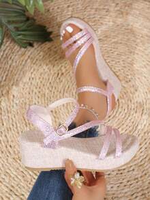 Giày sandal đế xuồng cho thanh thiếu niên, sandal cao gót hở mũi, sandal thời trang đa năng phù hợp cho kỳ nghỉ. - Hồng - Xem 3