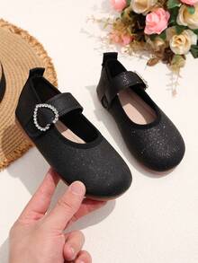 1 Pair Black Plus Size Girls' Flat Shoes, Solid Color Soft Fabric With Glitter, Side Rhinestone Decor, Classic Shallow Design, Round Toe Soft Sole Comfortable Casual Princess Shoes, Suitable For 3-12 Years Old Daily, Party, Stage, Travel, Indoor/Outdoor Wear, Spring/Summer New Arrival - Black - View 7