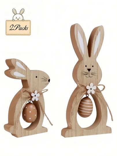 两件套木质派对桌面装饰套装，包含兔子、复活节彩蛋和花卉图案。适合复活节和生日装饰。复活节快乐！设计简约有趣，非常适合复活节装饰和日常使用；也是家庭聚会和朋友派对的理想之选。