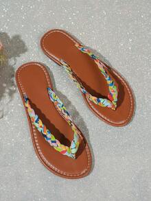 1 đôi dép xỏ ngón dệt cầu vồng mới dành cho nữ, mũi tròn, đế bằng, chống trơn trượt, dép đi biển đa năng, dép đi ngoài trời, dép đi biển thường ngày. - Nhiều màu - Xem 5