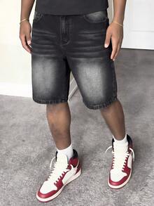 Men's Washed Loose Straight Leg Summer Denim Shorts, Casual Versatile Knee-Length Pants, Street Fashion Mid-Length Shorts, Suitable For Daily Wear - Black - View 4