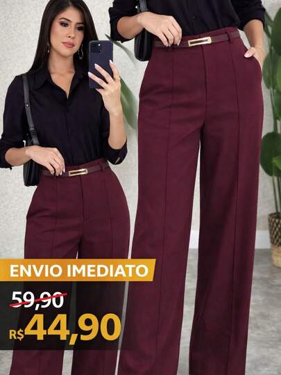 Calça Pantalona Feminina Alfaiataria Com Cinto Inverno/verão