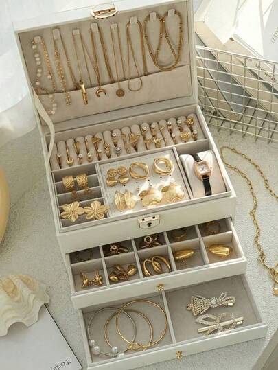 1 pieza Caja de almacenamiento de joyas de 3 niveles, organizador de relojes, soporte para aretes, exhibidor de collares, bandeja para pulseras, estuche para anillos, caja de joyas de gran capacidad de 3 capas con cerradura, caja de almacenamiento de joyas rectangular para mujeres