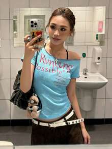 American Style Sexy Crop Top, Women's Blue Slim Fit Asymmetrical Shoulder Short Sleeve T-Shirt For Summer - Blue - View 3
