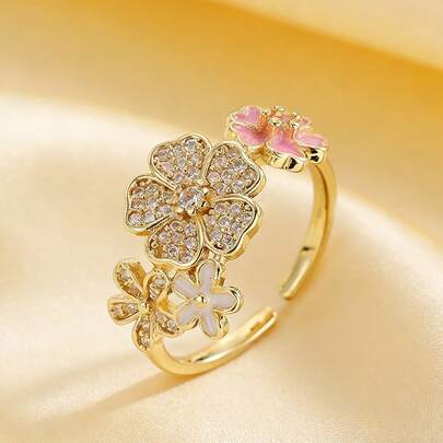 1 Pair Of French Exquisite, Simple, Small, Fresh, Diamond Studded Flower Opening Ring, Versatile For Commuting