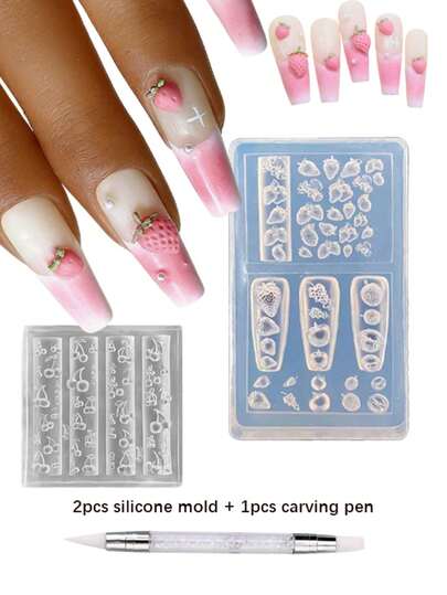 3 khuôn silicon khắc hình dâu tây, anh đào và bút gel 3D, có thể tái sử dụng, khuôn mẫu hình nơ hỗn hợp, phụ kiện khắc móng DIY, dụng cụ làm móng chuyên nghiệp, dụng cụ làm móng, đồ dùng làm móng, thích hợp cho móng giả dán.