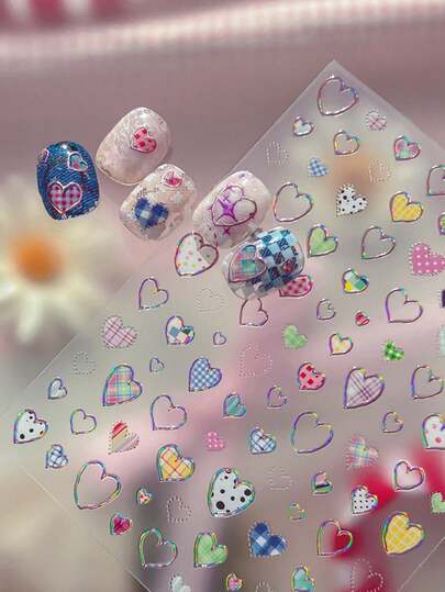 1pc Kawaii Plaid Heart Jelly Nail Stickers, Holographic Outline Self-Adhesive Nail Decals