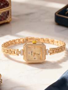1件/套 JUSMI 方形镶钻金表，青少年优雅石英腕表，适合青少年日常佩戴、送礼、节日礼物、生日礼物和度假季。 - 金色 - 查看 2