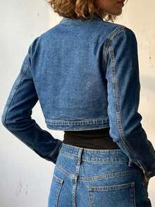Women's Stretch Denim Jacket Short Length - Cropped Casual Jean Jacket With Zipper Front & Long Sleeves For Layering (Comfortable Fit) - Dark Wash - View 2