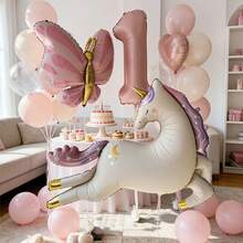獨角獸氣球套組含馬卡龍粉色數字氣球、粉色蝴蝶、獨角獸鋁箔氣球，適合公主生日派對裝飾、性別揭曉派對、主題派對、新娘送禮會派對用品、活動佈置 - 粉紅數字獨角獸套裝 - 查看 4