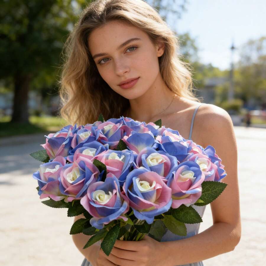 1支/5支/10支/12支/20支装蓝白相间20英寸仿真玫瑰花，优质仿真玫瑰，适用于家居装饰、房间装饰、餐桌装饰、婚礼装饰、新娘捧花、腕花、插花。也适用于家庭、餐厅、卧室、花瓶装饰。