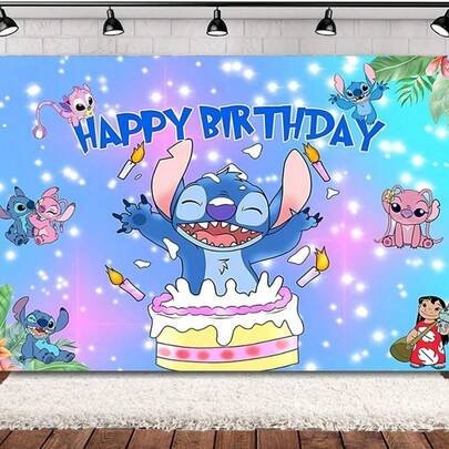 Disney Tela de fondo fotográfico para cumpleaños con tema de Stitch, tapiz de fondo para photocall con Stitch, decoraciones de fiesta de cumpleaños de dibujos animados