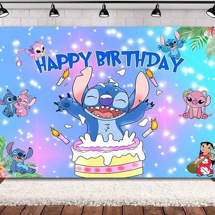 Disney 史迪奇主题生日摄影背景布，史迪奇拍照背景挂毯，卡通生日派对装饰 - 如圖 - 查看 1