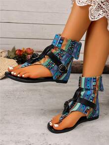 Dép xỏ ngón nữ, kiểu dáng nhẹ, phong cách bohemian mùa hè mới, thoáng khí, đế bằng, in họa tiết, khóa kéo phía sau. - Màu xanh lam - Xem 6