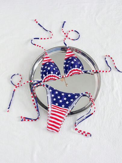 New Summer Women's American Flag Print Halter Tie Metal Decor Side Tie Sexy Vacation Bikini Swimwear 2-Piece Set Beach