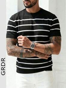 GRDR Men's Summer Knit Striped Short Sleeve Shirt, Suitable For Summer Vacation Casual Wear - Black - View 4